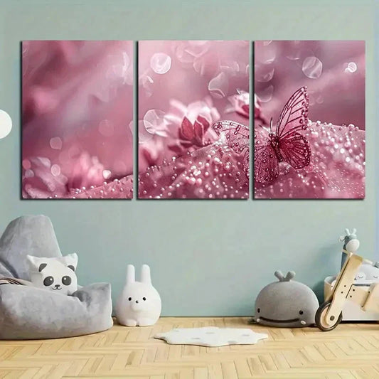 3pcs Pink Bubbles Modern Butterfly Metal Print Ready to Hang Art