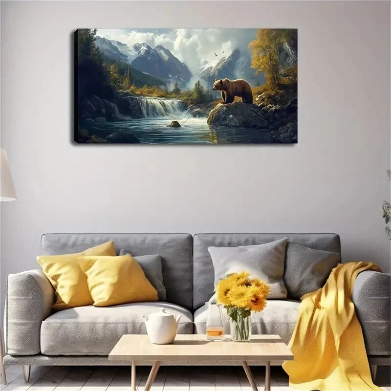 Minimalist Bear Mountain Stream Wall Art Canvas Office Home Room Framed 120x60cm