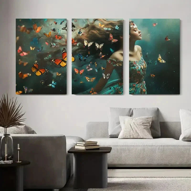 3pcs Woman Surrounded by Butterflies Metal Print Ready to Hang Art