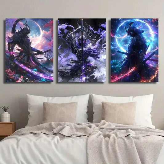 3pcs Japanese Samurai Galaxy Fantasy World Metal Print Ready to Hang Art