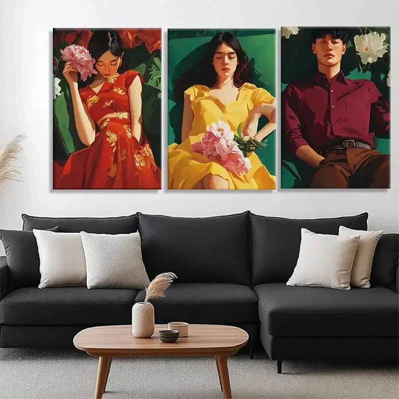 3pcs Young Couple with Flowers Vibrant Perfect Wall Art Set Canvas Framed 40x60cm - High Quality Print 100% Australian Made Wall Canvas Ready to Hang