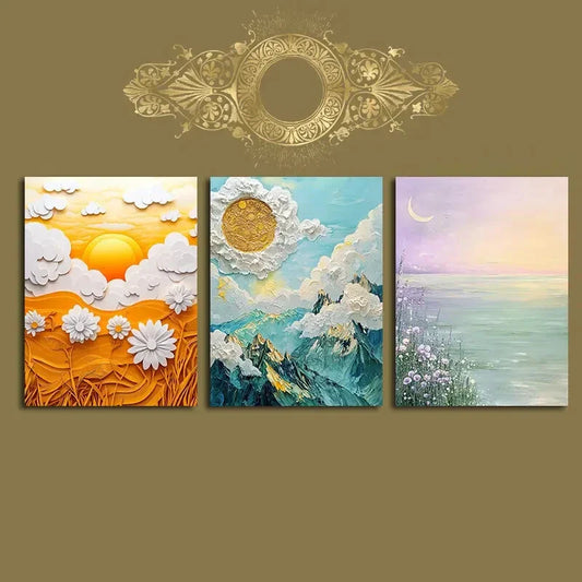 3pcs White Clouds & Florals Painting Metal Print Ready to Hang Art