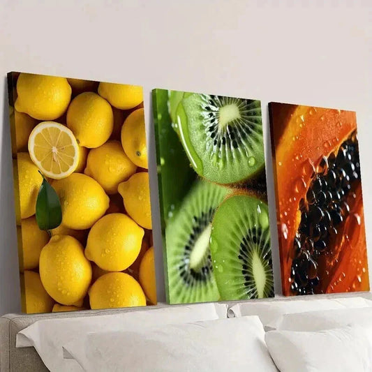 3pcs Tropical Lemon and Papaya Kiwi Poster Wall Art Set Canvas Framed 40x60cm - High Quality Print 100% Australian Made Wall Canvas Ready to Hang