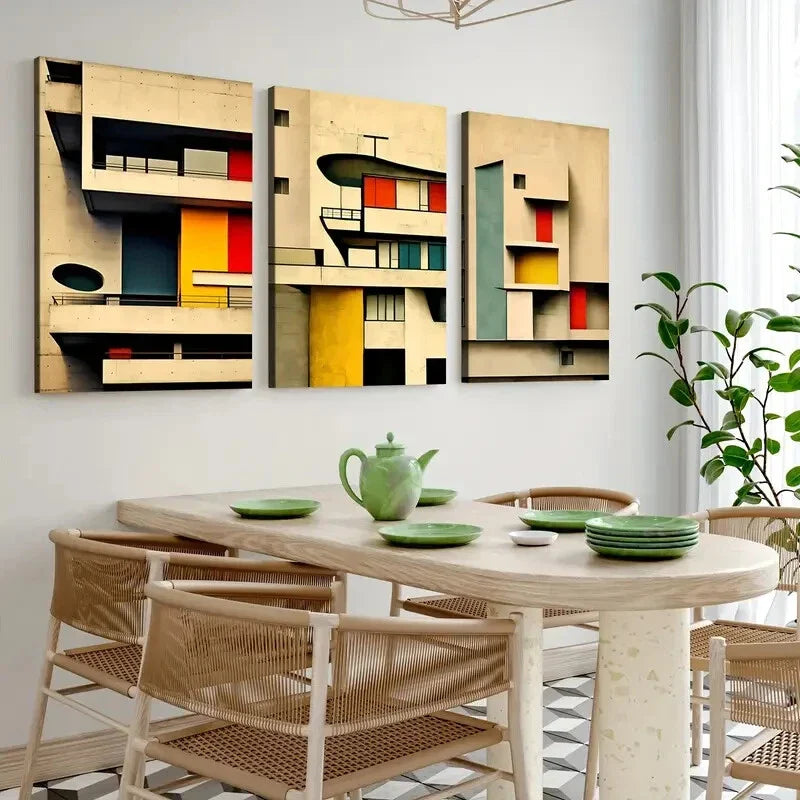 3pcs Abstract Modern Triptych Corbusier Blocks Wall Art Set Canvas Framed 40x60cm - High Quality Print 100% Australian Made Wall Canvas Ready to Hang
