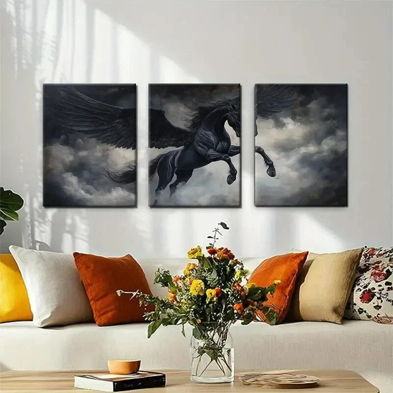 3pcs Winged Horse Soaring Through Stormy Perfect Wall Art Set Canvas Framed 40x60cm - High Quality Print 100% Australian Made Wall Canvas Ready to Hang