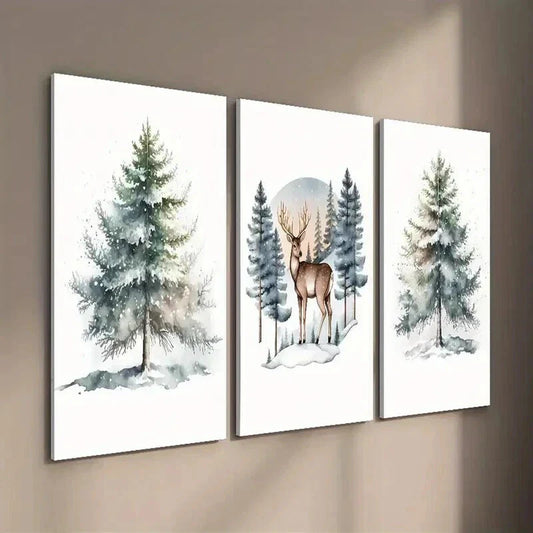3pcs Reindeer in the Forest & Christmas Tree Wall Art Set Canvas Framed 40x60cm - High Quality Print 100% Australian Made Wall Canvas Ready to Hang