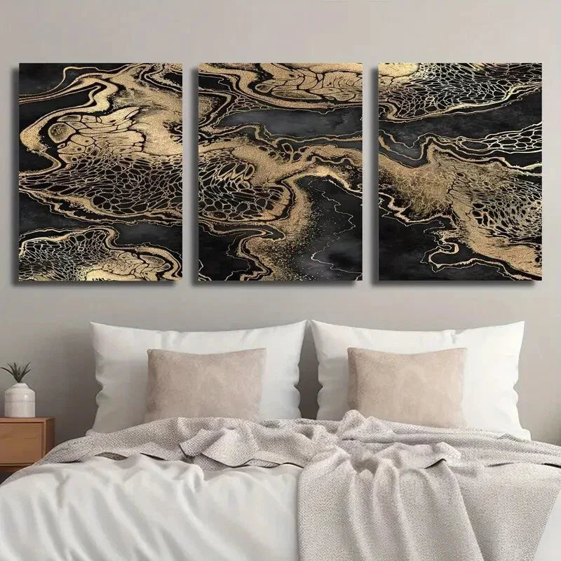 3pcs Abstract Black And Golden Fluid Decor Wall Art Set Canvas Framed 40x60cm - High Quality Print 100% Australian Made Wall Canvas Ready to Hang