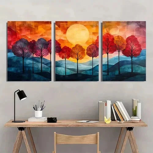 3pcs Abstract Tree Sunset Vibrant Geometric Metal Print Ready to Hang Art