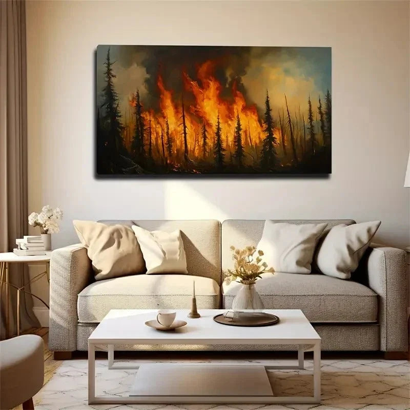 Vibrant Flames & Pine Trees Wall Art Canvas Office Home Room Framed 120x60cm