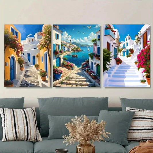 3pcs Vibrant White & Blue Greek Island Metal Print Ready to Hang Art