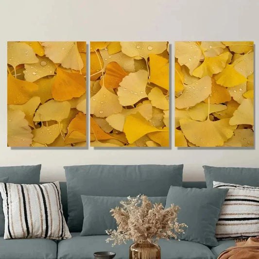 3pcs Golden Ginkgo Leaves Metal Print Ready to Hang Art