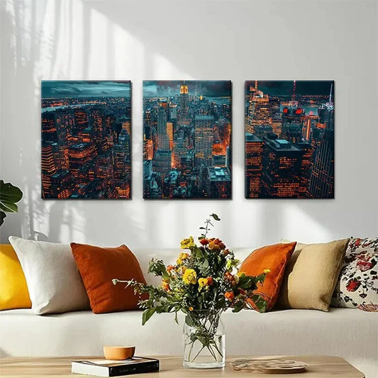 3pcs Night Cityscape Glowing Urban Sky Perfect Wall Art Set Canvas Framed 40x60cm - High Quality Print 100% Australian Made Wall Canvas Ready to Hang