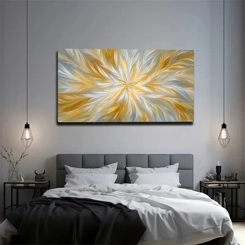 Modern Golden & White Line Wall Art Canvas Office Home Room Framed 80x45cm