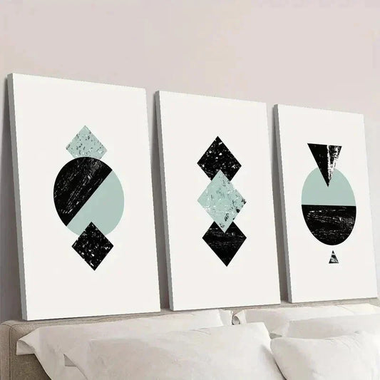 3pcs Black and Blue Nordic Geometric Design Wall Art Set Canvas Framed 40x60cm - High Quality Print 100% Australian Made Wall Canvas Ready to Hang