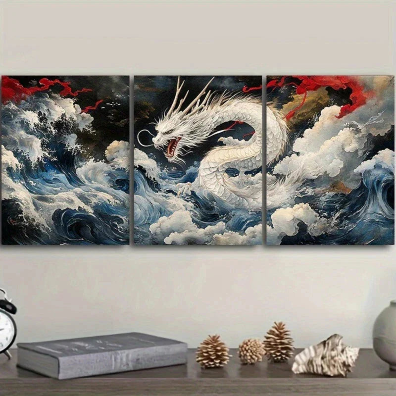 3pcs The White Dragon Sea of Clouds Metal Print Ready to Hang Art