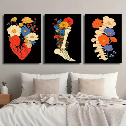 3pcs Colorful Floral Anatomical Heart Floral Metal Print Ready to Hang Art