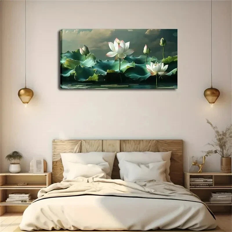 Blooming White for Lotus Leave Wall Art Canvas Office Home Room Framed 120x60cm