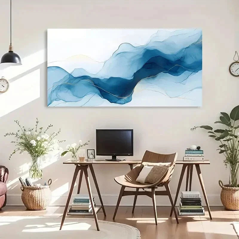 Blue & Golden Abstract Deco Wall Art Canvas Office Home Room Framed 80x45cm