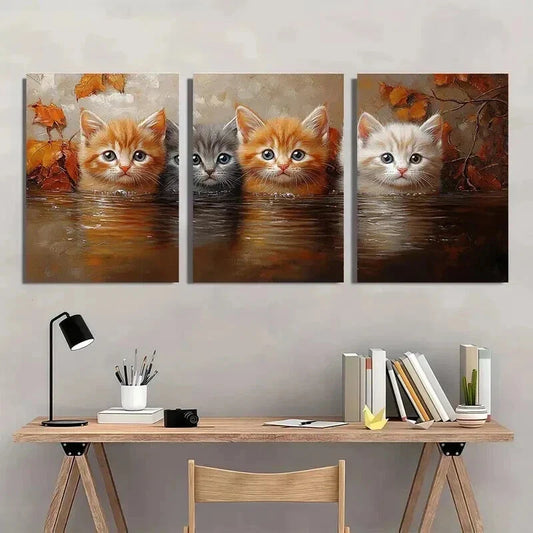 3pcs Whimsical Adorable Kitten in Water Wall Art Set Canvas Framed 40x60cm - High Quality Print 100% Australian Made Wall Canvas Ready to Hang