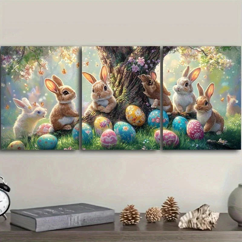 3pcs Big Trees Colourful Eggs Cute Bunnies Metal Print Ready to Hang Art