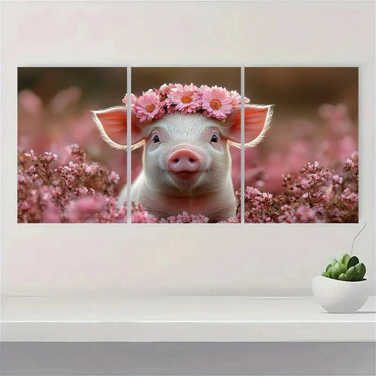 3pcs Happy Animals Pig with Flower Crown Metal Print Ready to Hang Art