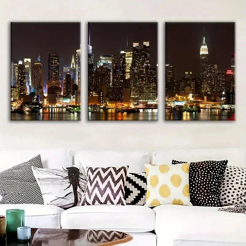 3pcs Modern Nighttime City Skyline Wall Art Set Canvas Framed 40x60cm - High Quality Print 100% Australian Made Wall Canvas Ready to Hang