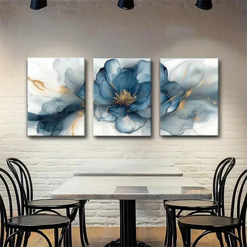 3pcs Elegant Blue Golden Peony Flower Perfect Wall Art Set Canvas Framed 40x60cm - High Quality Print 100% Australian Made Wall Canvas Ready to Hang.
