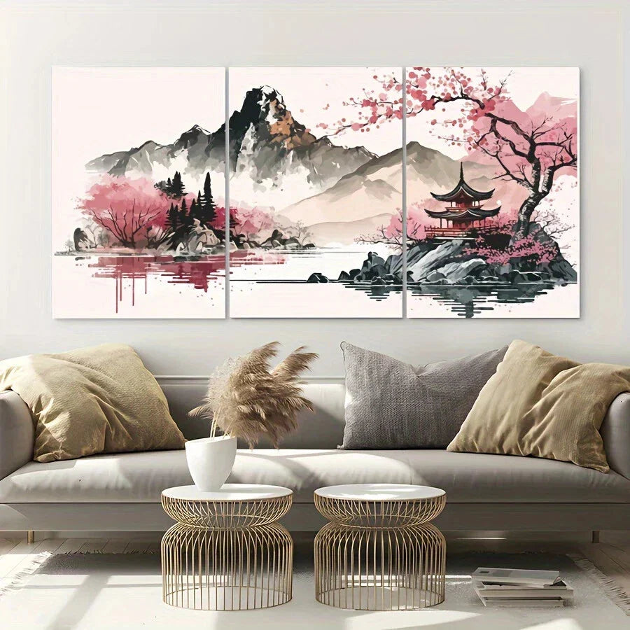3pcs Cherry Blossom Trees And Lake Scenery Metal Print Ready to Hang Art