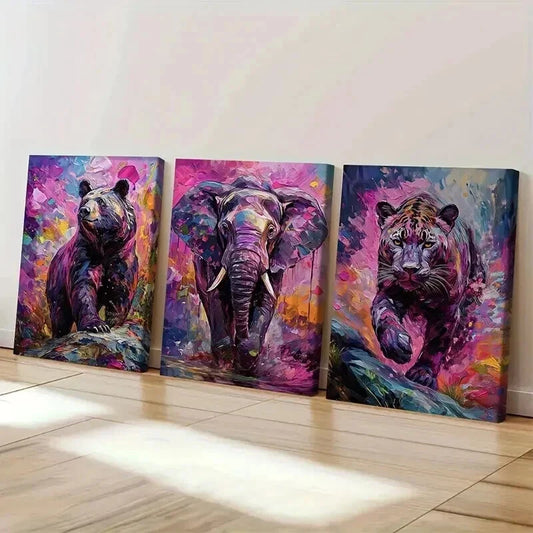 3pcs Colorful Bear Elephant And Leopard Wall Art Set Canvas Framed 40x60cm - High Quality Print 100% Australian Made Wall Canvas Ready to Hang