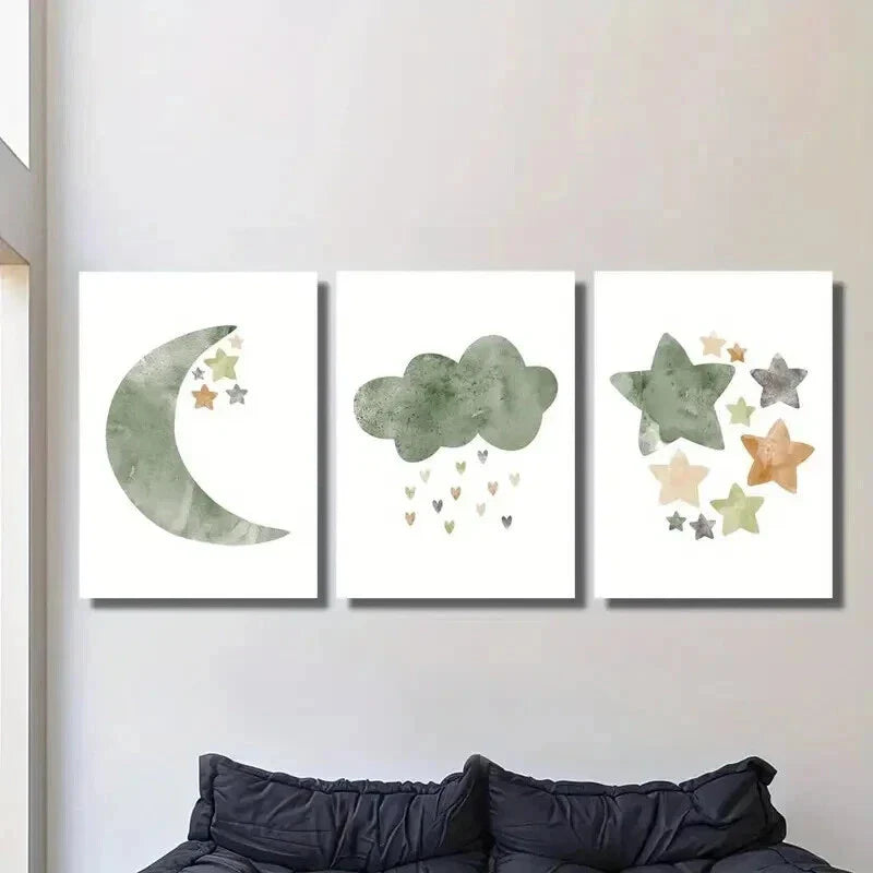 3pcs Light Green Illustration Stars and Moon Wall Art Set Canvas Framed 40x60cm - High Quality Print 100% Australian Made Wall Canvas Ready to Hang