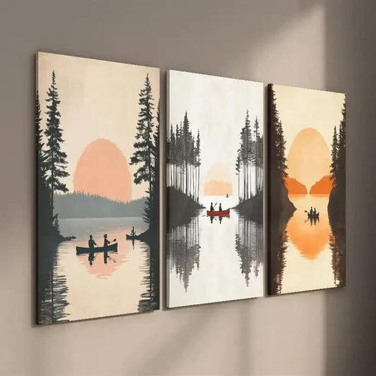 3pcs Sunset Lake Forest Wall Art Set Canvas Framed 40x60cm - High Quality Print 100% Australian Made Wall Canvas Ready to Hang