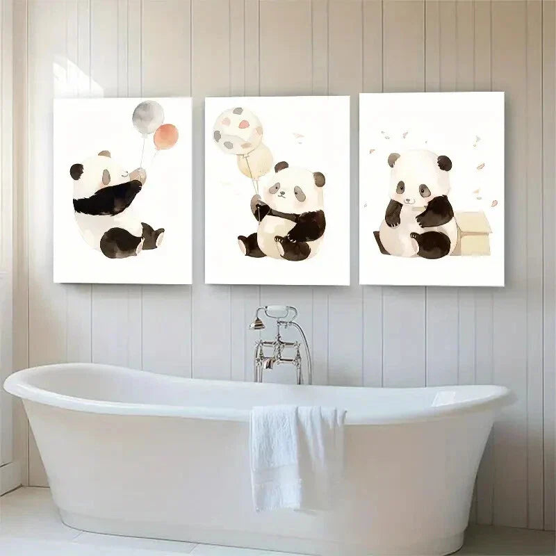 3pcs Cute Panda Nursery Playful Joyful Perfect Wall Art Set Canvas Framed 40x60cm - High Quality Print 100% Australian Made Wall Canvas Ready to Hang