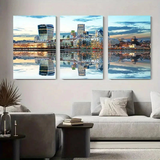 3pcs Urban Skyline Reflection Painting Metal Print Ready to Hang Art
