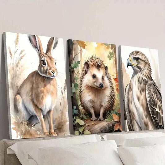 3pcs Aesthetic Watercolor Rabbit Hedgehog Eagle Wall Art Set Canvas Framed 40x60cm - High Quality Print 100% Australian Made Wall Canvas Ready to Hang