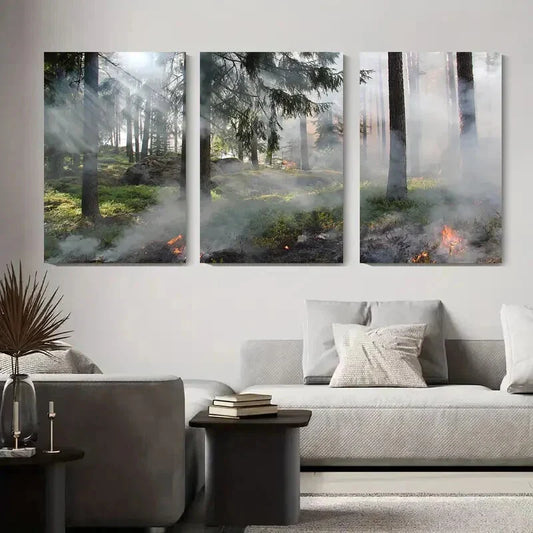 3pcs Forest Fire in Nature Smoky Forest Metal Print Ready to Hang Art