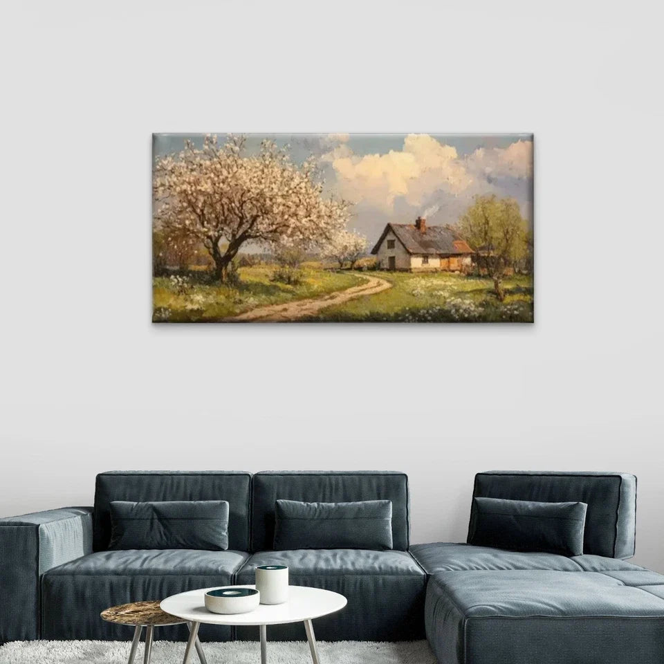 Country Road Houses Nature Wall Art Canvas Office Home Room Framed 80x45cm