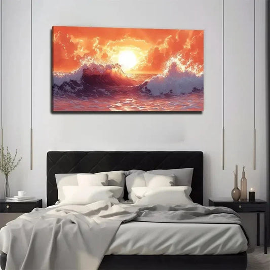 Ocean Waves Sunset Aesthetic Wall Art Canvas Office Home Room Framed 120x60cm
