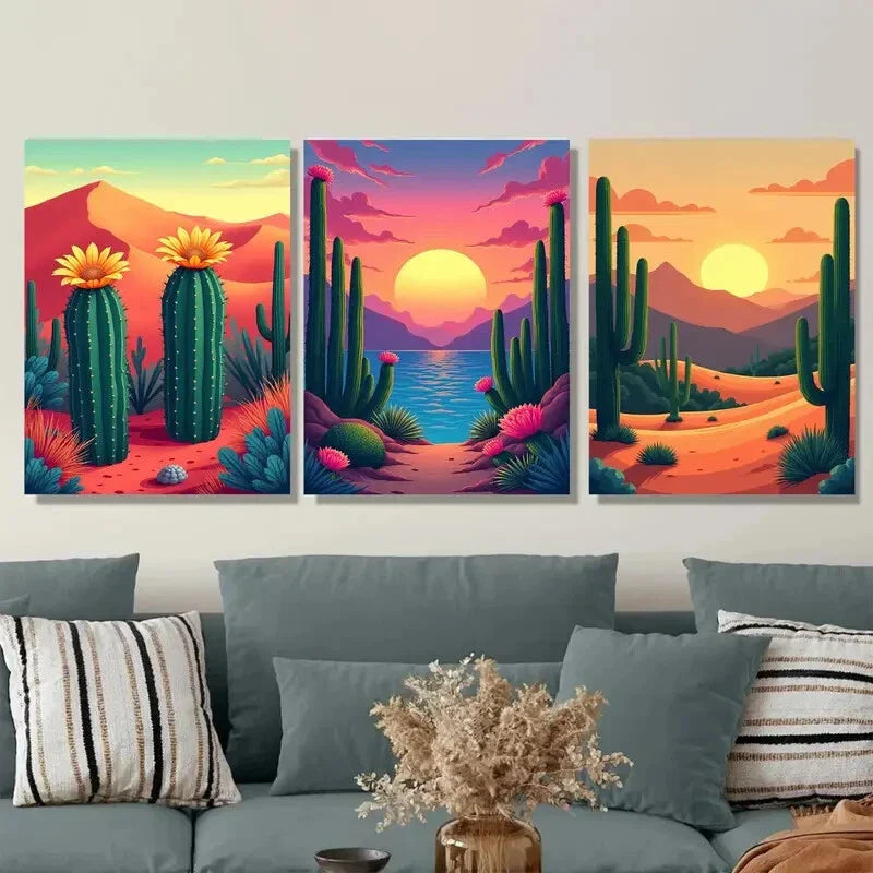 3pcs Desert Oasis Triptych Vibrant Cactus Sunset Metal Print Ready to Hang Art