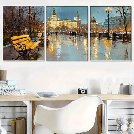 3pcs Moscow evening Streetscape Wrapped Wall Art Set Canvas Framed 40x60cm - High Quality Print 100% Australian Made Wall Canvas Ready to Hang