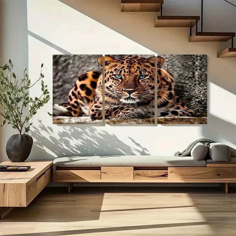 3pcs Blue Eyed Big Cat Wildlife Amur Leopard Wall Art Set Canvas Framed 40x60cm - High Quality Print 100% Australian Made Wall Canvas Ready to Hang