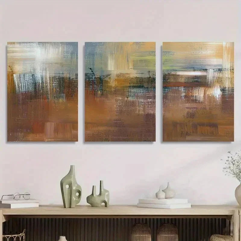 3pcs Abstract Landscape Earth Tones & Textured Metal Print Ready to Hang Art