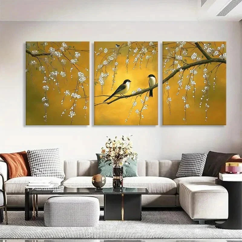 3pcs Birds & White Flowers on Yellow Perfect Wall Art Set Canvas Framed 40x60cm - High Quality Print 100% Australian Made Wall Canvas Ready to Hang