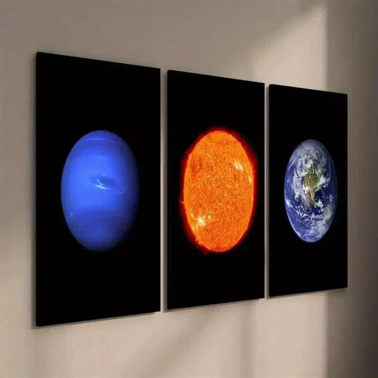 3pcs Sun Neptune Earth on Black Background Wall Art Set Canvas Framed 40x60cm - High Quality Print 100% Australian Made Wall Canvas Ready to Hang