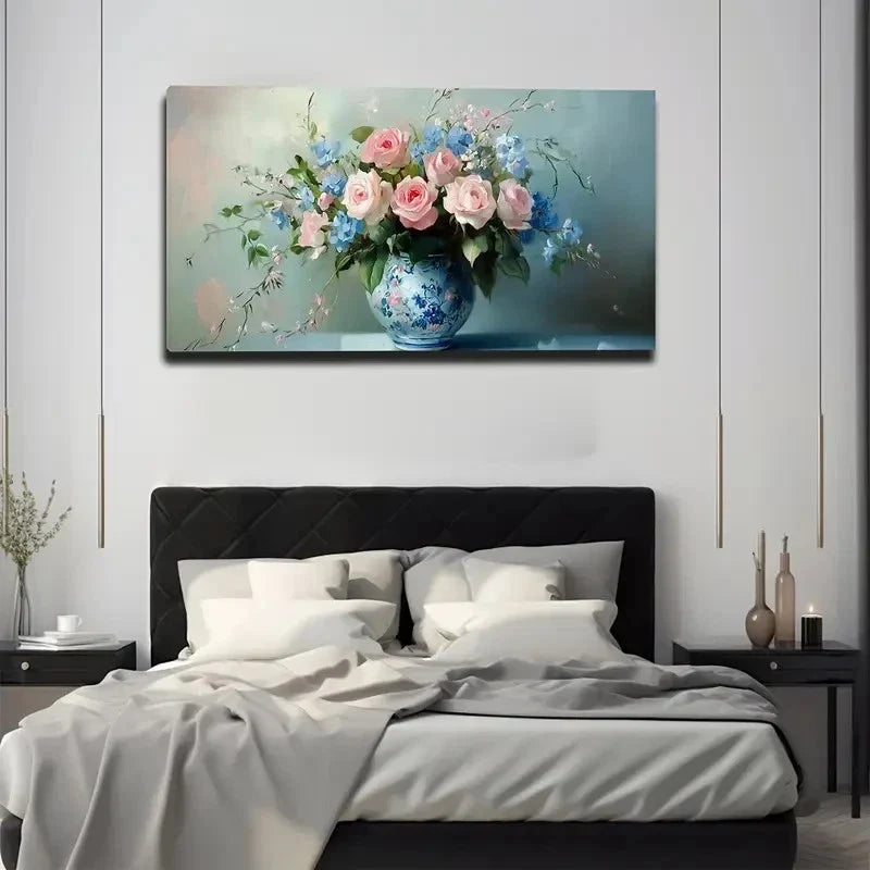 Pink & Blue Floral with Teal Wall Art canvas office home room framed 120x60cm