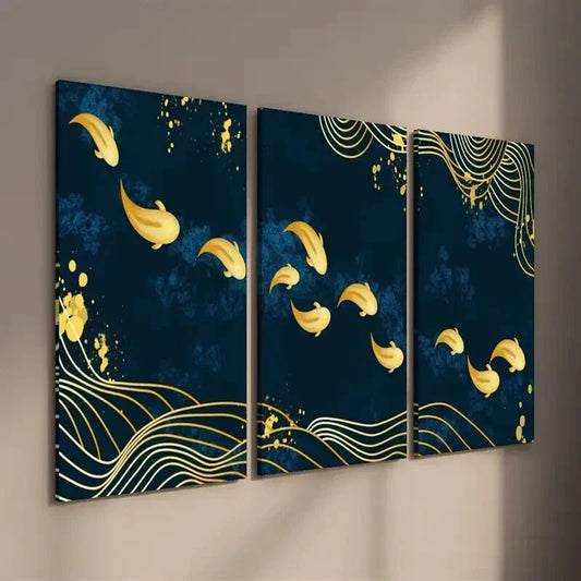 3pcs Navy blue and Golden Fish Wall Art Set Canvas Framed 40x60cm - High Quality Print 100% Australian Made Wall Canvas Ready to Hang