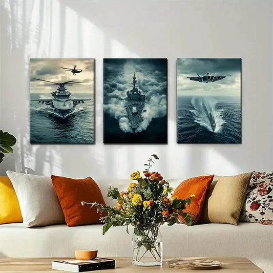 3pcs Aircraft Carrier Battleship & Fighter Jet Wall Art Set Canvas Framed 40x60cm - High Quality Print 100% Australian Made Wall Canvas Ready to Hang