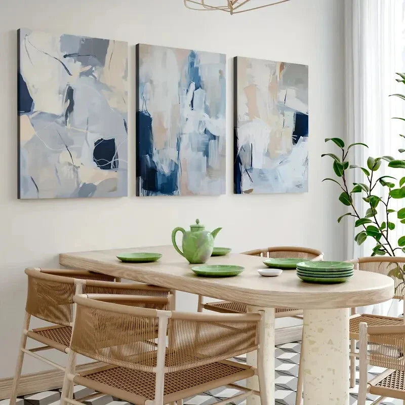 3pcs Abstract Brush Stroke Geometric Modern Blue Wall Art Set Canvas Framed 40x60cm - High Quality Print 100% Australian Made Wall Canvas Ready to Hang