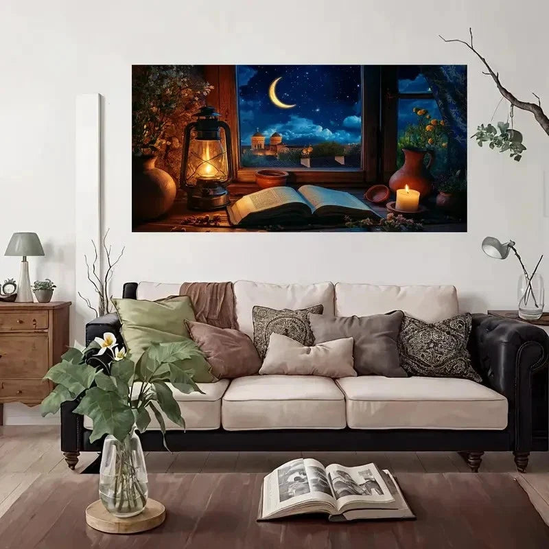 Night Sky Crescent Moon Lantern Wall Art Canvas Office Home Room Framed 80x45cm
