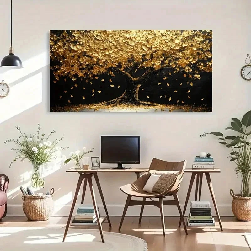 Golden Leaves Autumn Nature Wall Art Canvas Office Home Room Framed 80x45cm