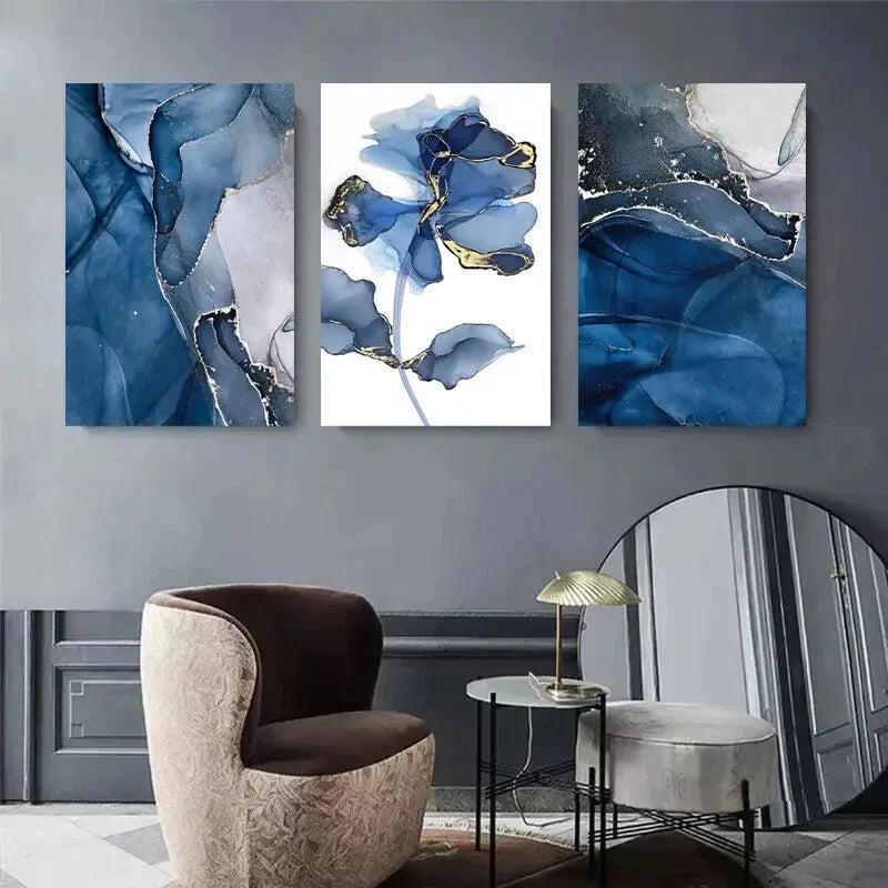 3pcs Abstract Blue and Golden Floral Ink Metal Print Ready to Hang Art